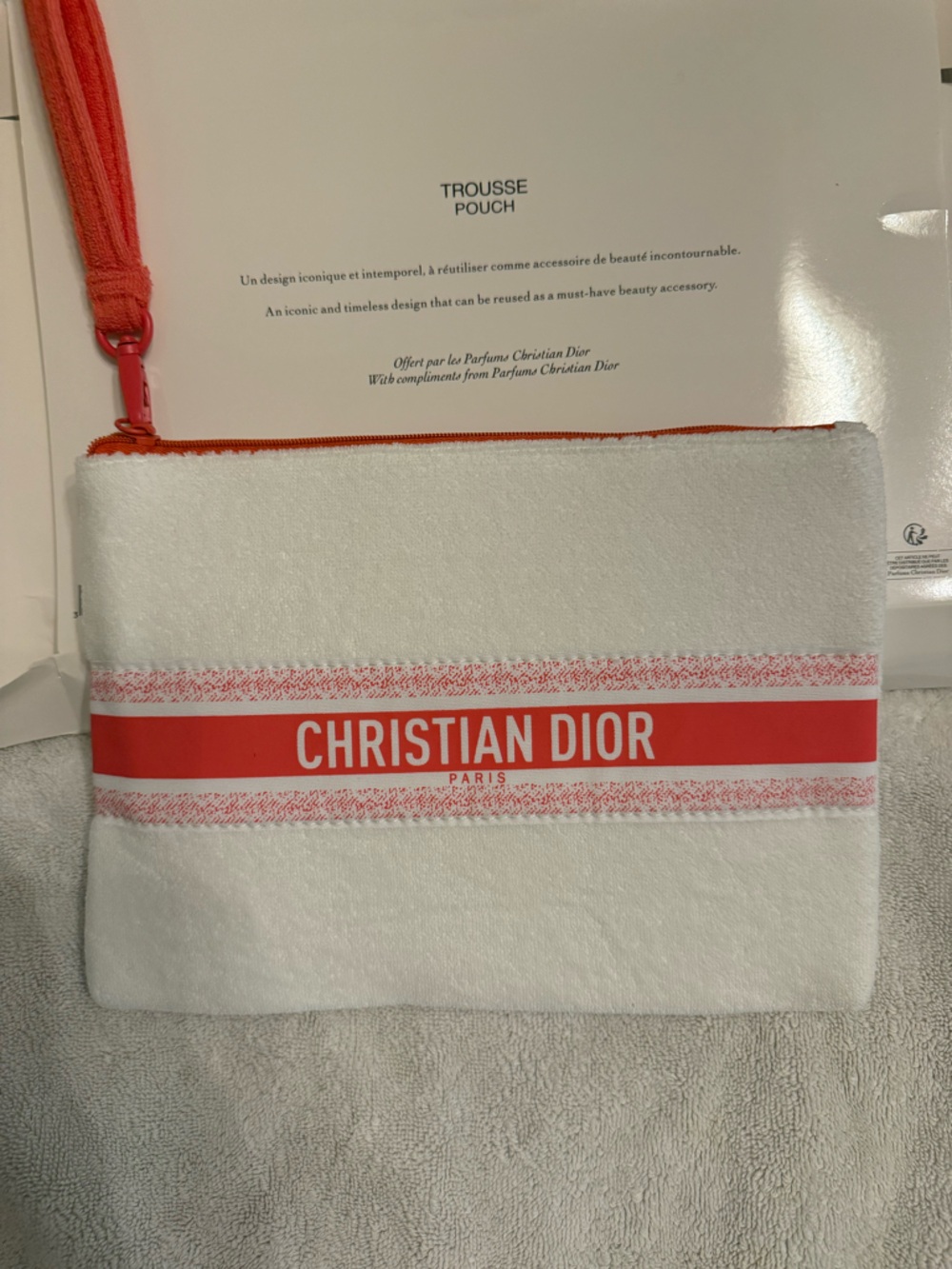 Dior White Pouch with Coral-Red Logo Stripe
